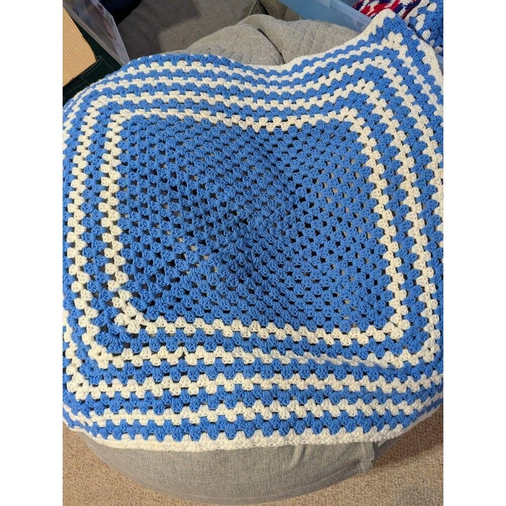 Vintage Hand Crocheted Blue and White Blanket/Throw ~38" x 38"